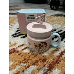 Crayon Shinchan pink ceramic coffee mug cup with lid NIB